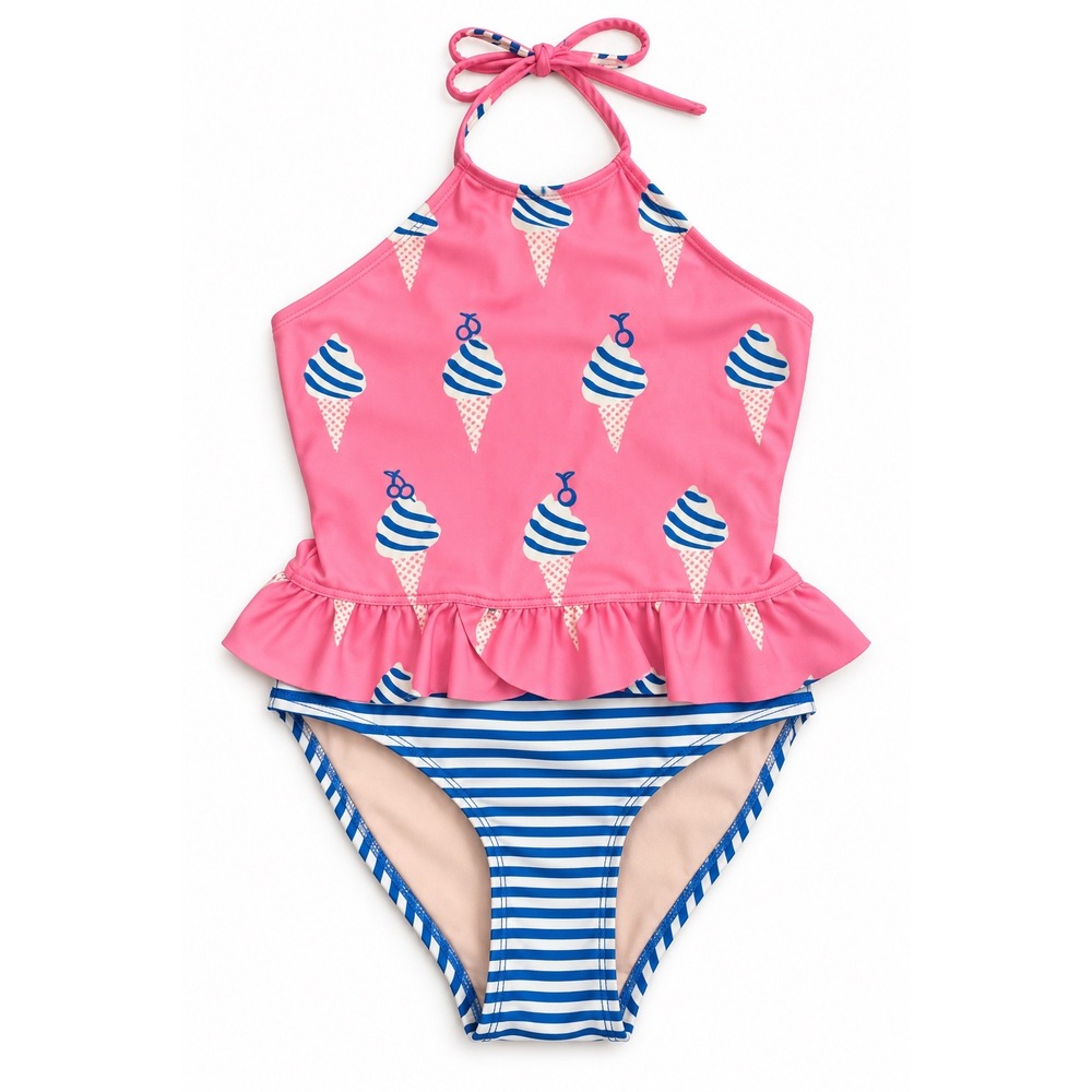 Tea Collection Girls Pink Ice Cream Ruffle Halter One Piece Swimsuit Size 12